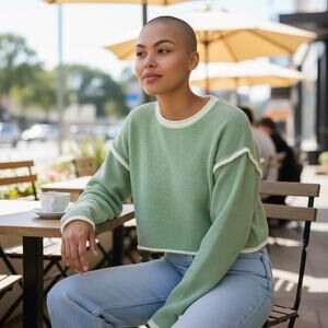 NWT Altar'd State Arula Plus Green White Boxy Cropped Knit Crew Neck Sweater- 1X